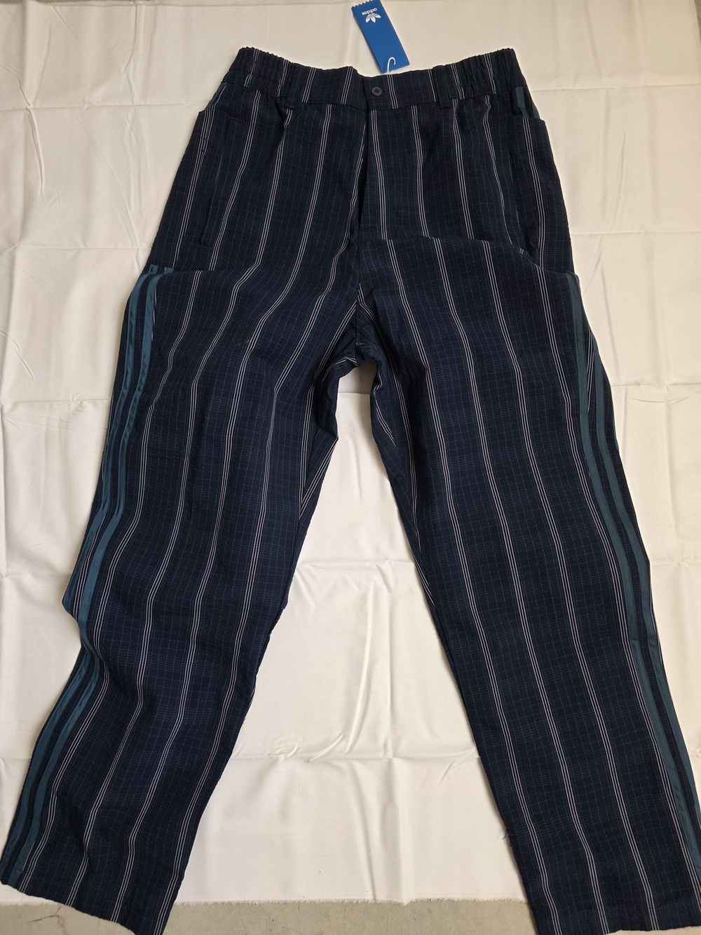 adidas Navy Pinstripe Track-Style Chinos with Teal Side Stripes